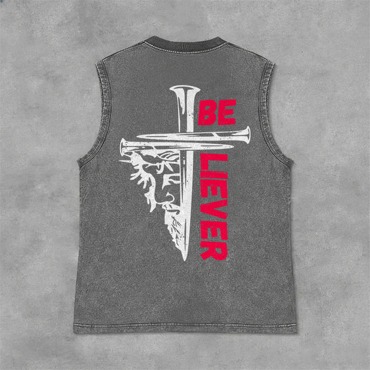 Christianartworkshop Be Believer Nail Cross Unisex Washed Tank Top - Grey - 2XL - image 6