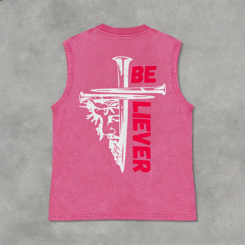 Christianartworkshop Be Believer Nail Cross Unisex Washed Tank Top - Pink - 2XL - image 12