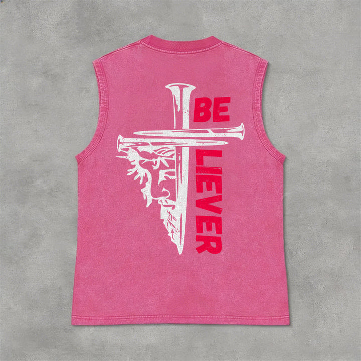 Christianartworkshop Be Believer Nail Cross Unisex Washed Tank Top - Pink - 2XL - image 12