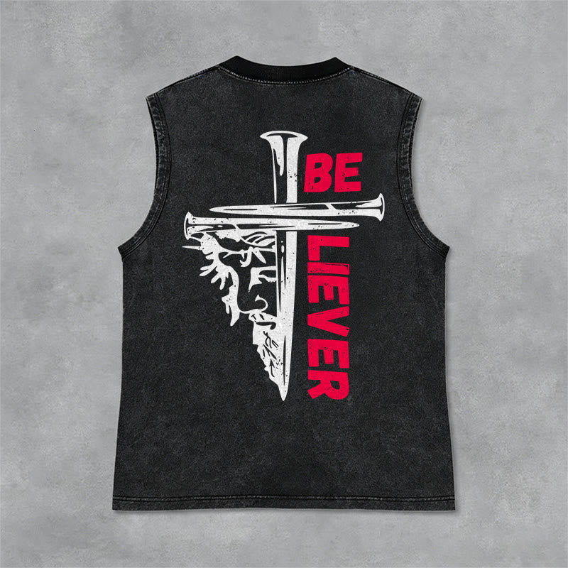 Christianartworkshop Be Believer Nail Cross Unisex Washed Tank Top - Black - 2XL - image 3