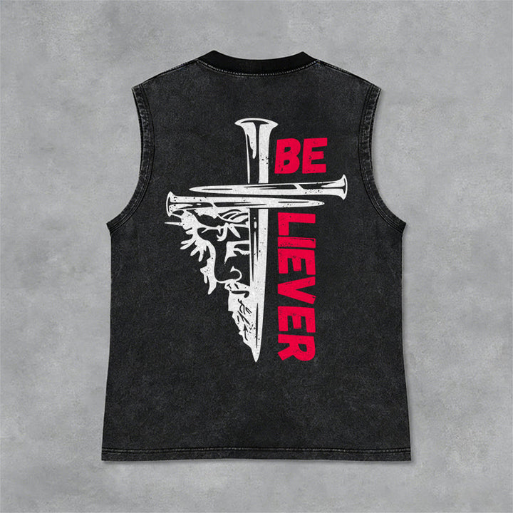 Christianartworkshop Be Believer Nail Cross Unisex Washed Tank Top - Black - 2XL - image 3
