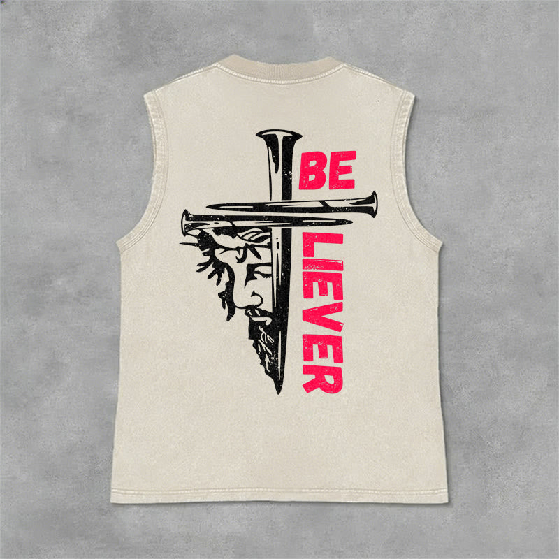 Christianartworkshop Be Believer Nail Cross Unisex Washed Tank Top - Beige - 2XL - image 0