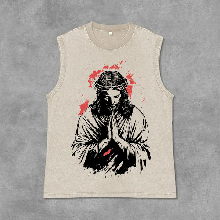Christianartworkshop Crown Of Thorns Jesus Graphic Washed Tank Top - Beige - 2XL - image 0
