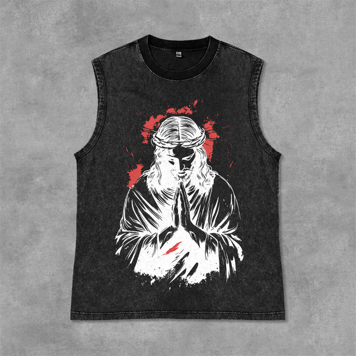 Christianartworkshop Crown Of Thorns Jesus Graphic Washed Tank Top - Black - 2XL - image 3
