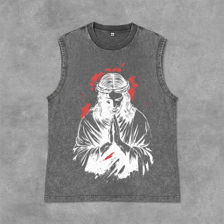 Christianartworkshop Crown Of Thorns Jesus Graphic Washed Tank Top - Grey - 2XL - image 6