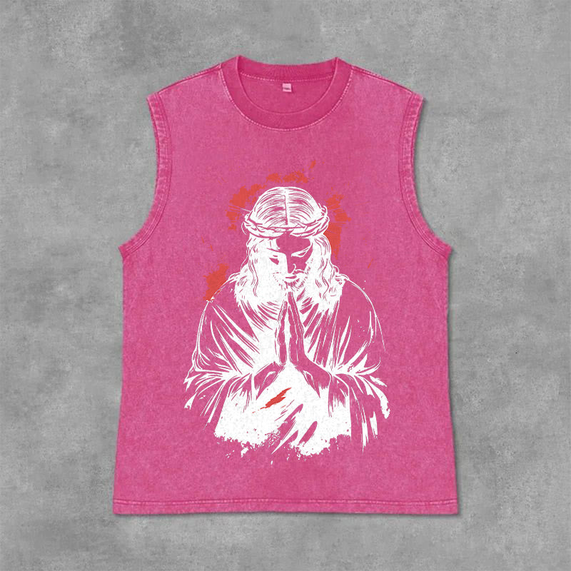 Christianartworkshop Crown Of Thorns Jesus Graphic Washed Tank Top - Pink - 2XL - image 12