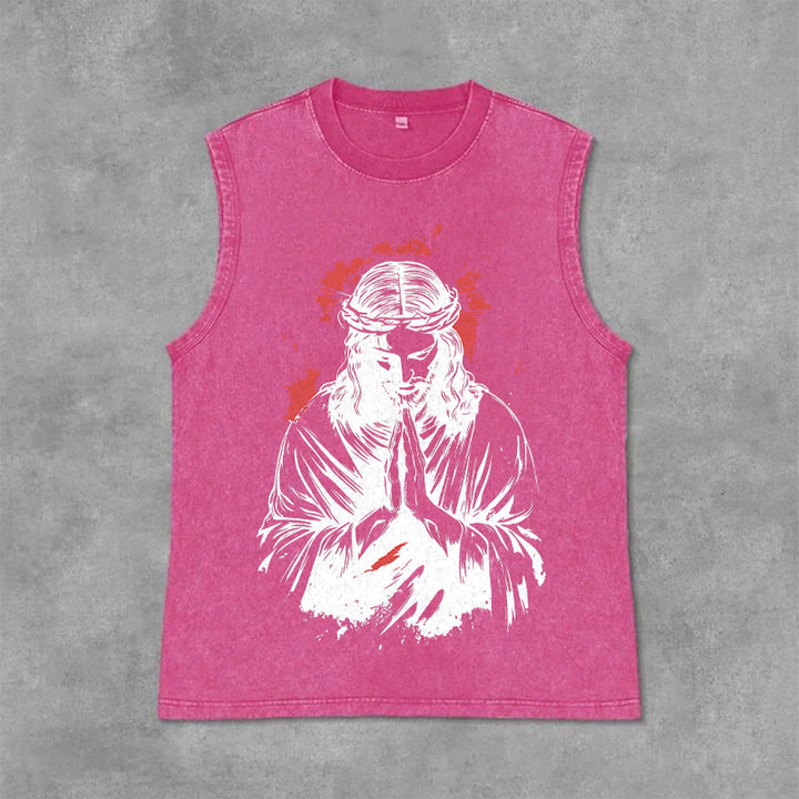 Christianartworkshop Crown Of Thorns Jesus Graphic Washed Tank Top - Pink - 2XL - image 12