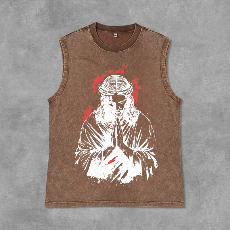 Christianartworkshop Crown Of Thorns Jesus Graphic Washed Tank Top - Brown - 2XL - image 9
