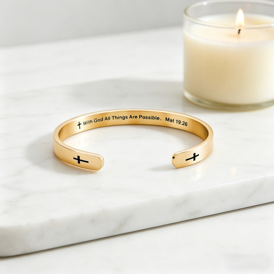 Christianartworkshop Matthew 19:26 Bible Verse Cross Cuff Bracelet: With God All Things Are Possible Faith Symbol - Golden - image 11