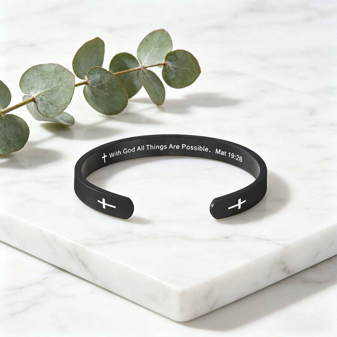 Christianartworkshop Matthew 19:26 Bible Verse Cross Cuff Bracelet: With God All Things Are Possible Faith Symbol - Black - image 4