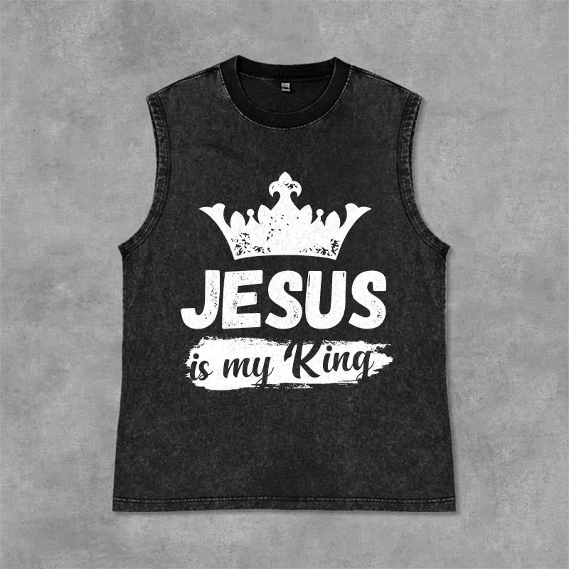 Christianartworkshop Jesus Is My King Crown Unisex Washed Tank Top - Black - 2XL - image 6