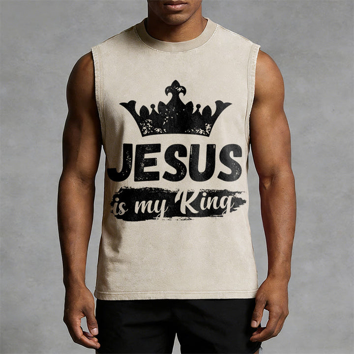 Christianartworkshop Jesus Is My King Crown Unisex Washed Tank Top - image 4