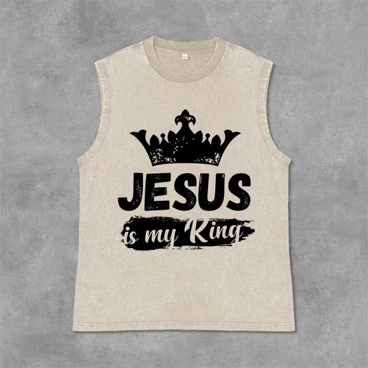 Christianartworkshop Jesus Is My King Crown Unisex Washed Tank Top - Beige - 2XL - image 3