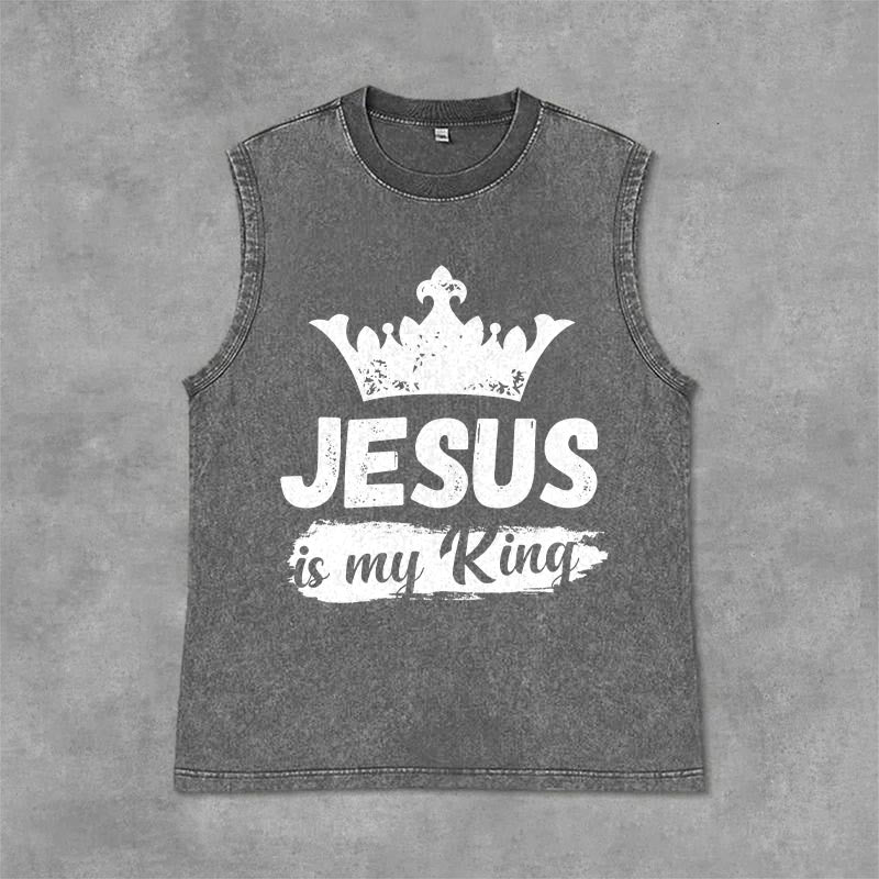 Christianartworkshop Jesus Is My King Crown Unisex Washed Tank Top - Grey - 2XL - image 9