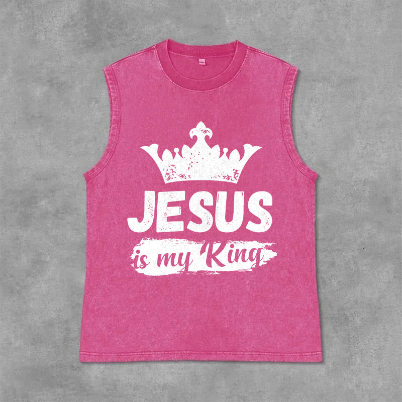 Christianartworkshop Jesus Is My King Crown Unisex Washed Tank Top - Pink - 2XL - image 12