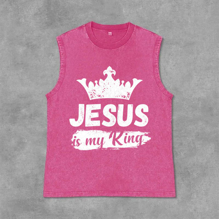 Christianartworkshop Jesus Is My King Crown Unisex Washed Tank Top - Pink - 2XL - image 12