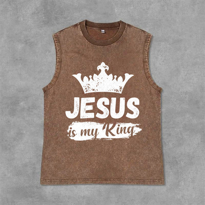 Christianartworkshop Jesus Is My King Crown Unisex Washed Tank Top - Brown - 2XL - image 0