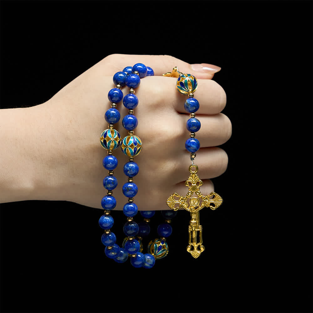 Christianartworkshop Vintage Deep Blue Lapis Our Lady Rosary with Cloisonné Enamel Accents - image 1