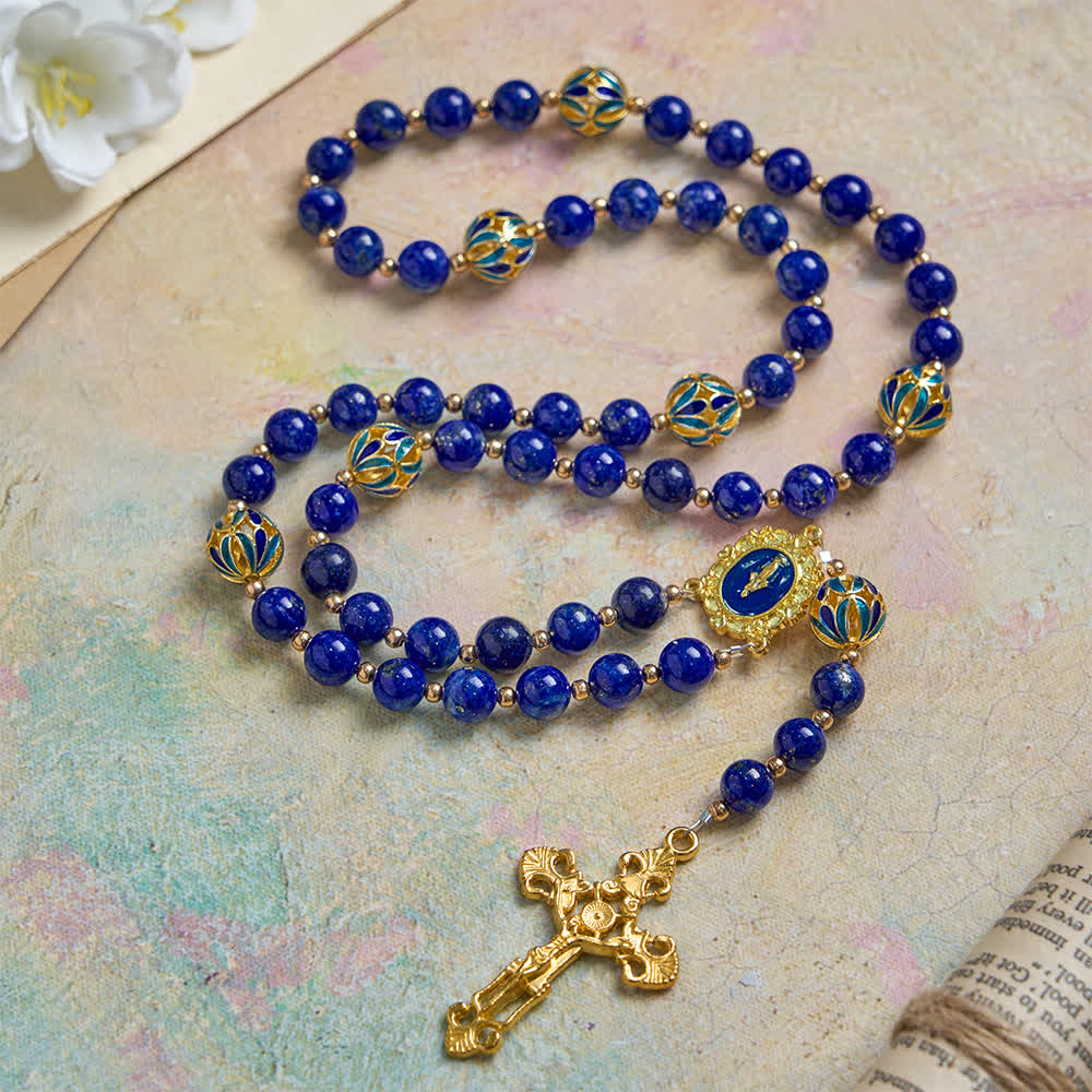 Christianartworkshop Vintage Deep Blue Lapis Our Lady Rosary with Cloisonné Enamel Accents - Our Lady & Crucifix - image 0
