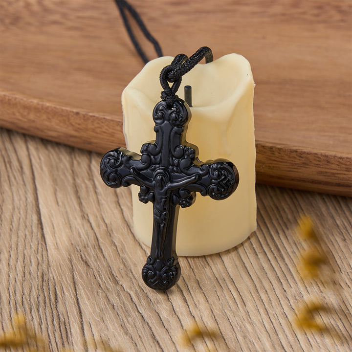 Christianartworkshop Classic Style Crafted Obsidian Crucifix Pendant Necklace - image 5