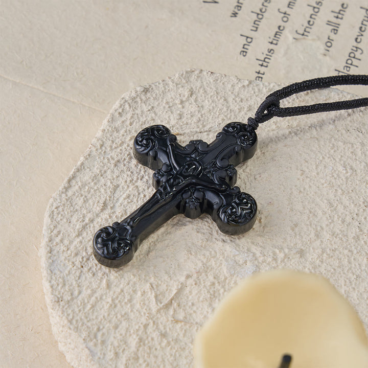 Christianartworkshop Classic Style Crafted Obsidian Crucifix Pendant Necklace - image 4
