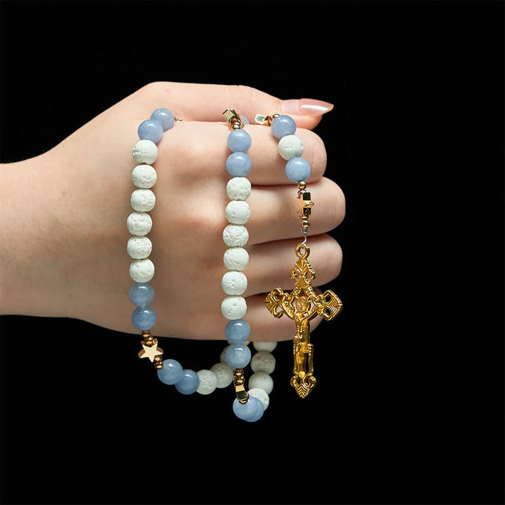 Christianartworkshop White Volcanic Stone & Aquamarine Beads Rosary: Nature's Calm and Starry Dreams - image 1