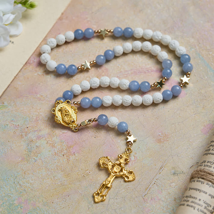 Christianartworkshop White Volcanic Stone & Aquamarine Beads Rosary: Nature's Calm and Starry Dreams - Our Lady & Crucifix - image 0