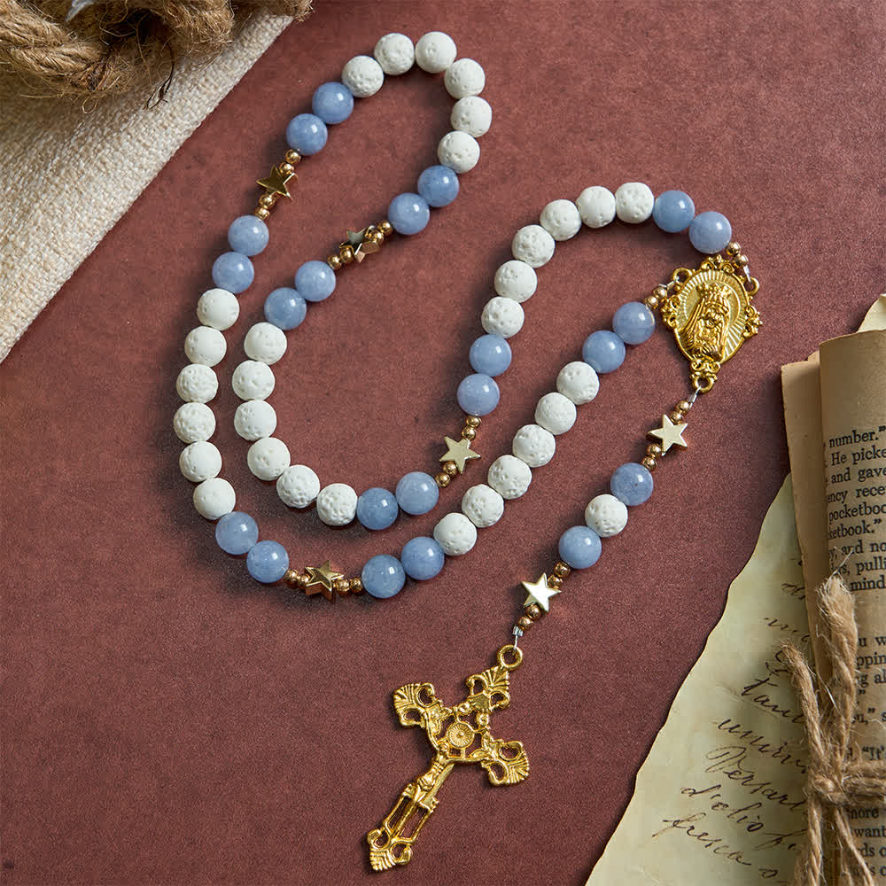 Christianartworkshop White Volcanic Stone & Aquamarine Beads Rosary: Nature's Calm and Starry Dreams - image 2
