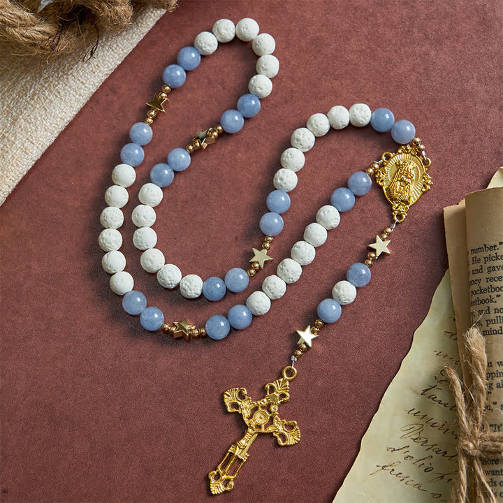 Christianartworkshop White Volcanic Stone & Aquamarine Beads Rosary: Nature's Calm and Starry Dreams - image 2
