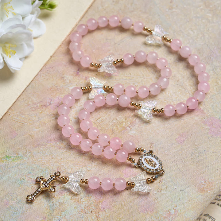 Christianartworkshop Soft Pink Glass Butterfly Rosary with Sparkling Our Lady & Cross - Our Lady & Cross - image 0