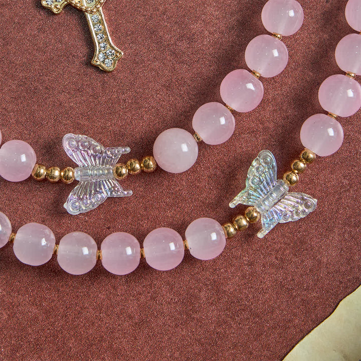 Christianartworkshop Soft Pink Glass Butterfly Rosary with Sparkling Our Lady & Cross - image 7