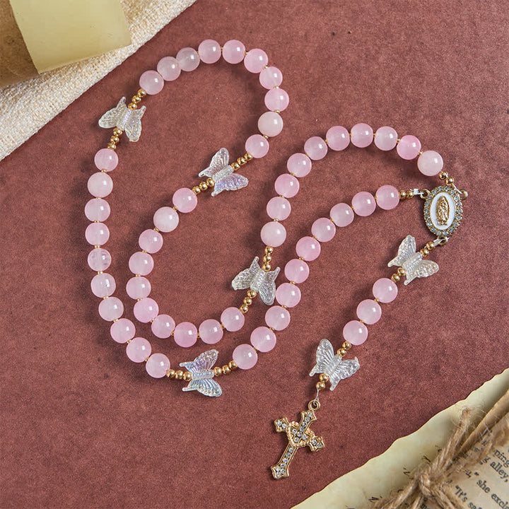 Christianartworkshop Soft Pink Glass Butterfly Rosary with Sparkling Our Lady & Cross - image 2