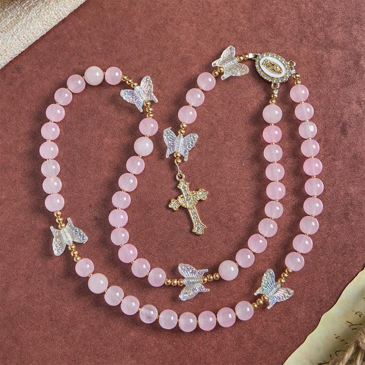 Christianartworkshop Soft Pink Glass Butterfly Rosary with Sparkling Our Lady & Cross - image 3