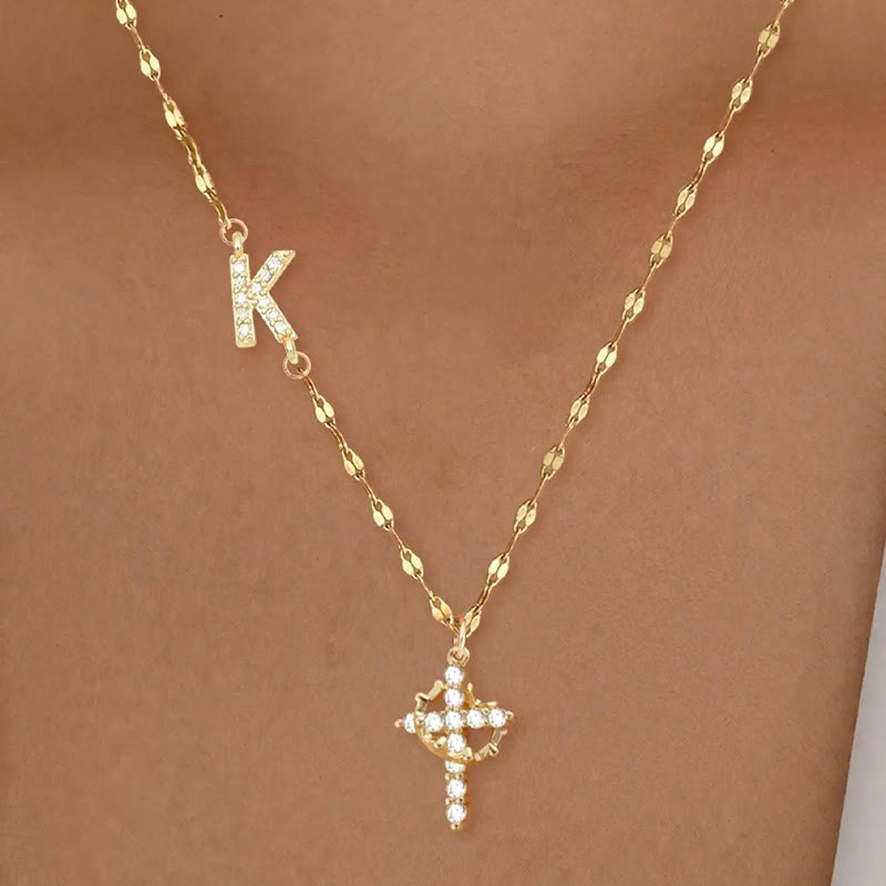 Christianartworkshop Golden & Silver-Tone Personalized A-Z Initial Crown Cross Necklace: Custom Sacred Faith Monogram Pendant Jewelry - K - Golden - image 13