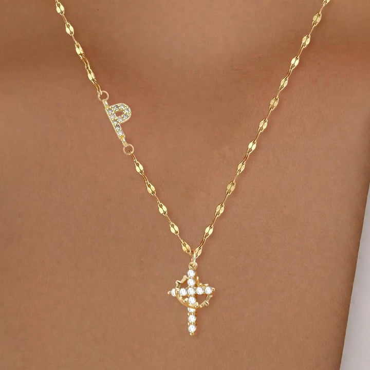 Christianartworkshop Golden & Silver-Tone Personalized A-Z Initial Crown Cross Necklace: Custom Sacred Faith Monogram Pendant Jewelry - P - Golden - image 18