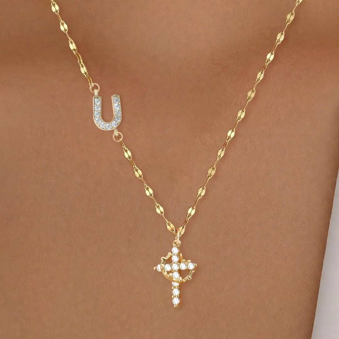 Christianartworkshop Golden & Silver-Tone Personalized A-Z Initial Crown Cross Necklace: Custom Sacred Faith Monogram Pendant Jewelry - U - Golden - image 23