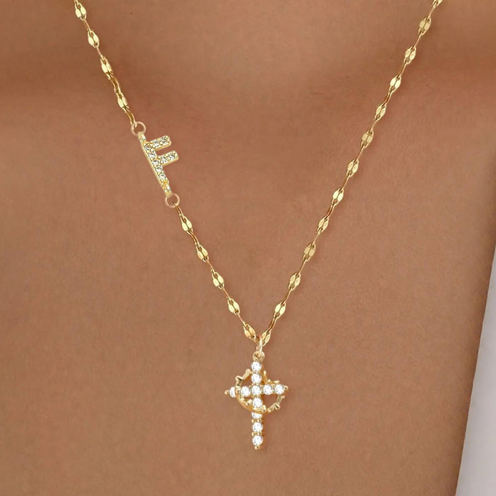 Christianartworkshop Golden & Silver-Tone Personalized A-Z Initial Crown Cross Necklace: Custom Sacred Faith Monogram Pendant Jewelry - F - Golden - image 8