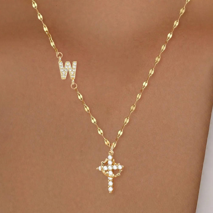 Christianartworkshop Golden & Silver-Tone Personalized A-Z Initial Crown Cross Necklace: Custom Sacred Faith Monogram Pendant Jewelry - W - Golden - image 25