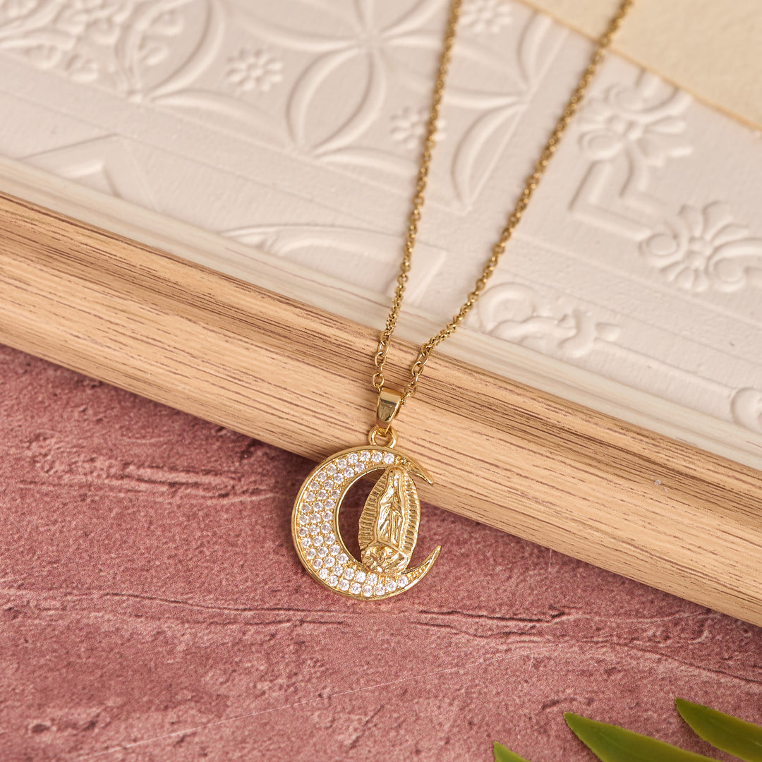 Christianartworkshop Crescent Moon Our Lady Zircon Necklace: Marian Grace Sacred Faith Pendant Jewelry - image 3
