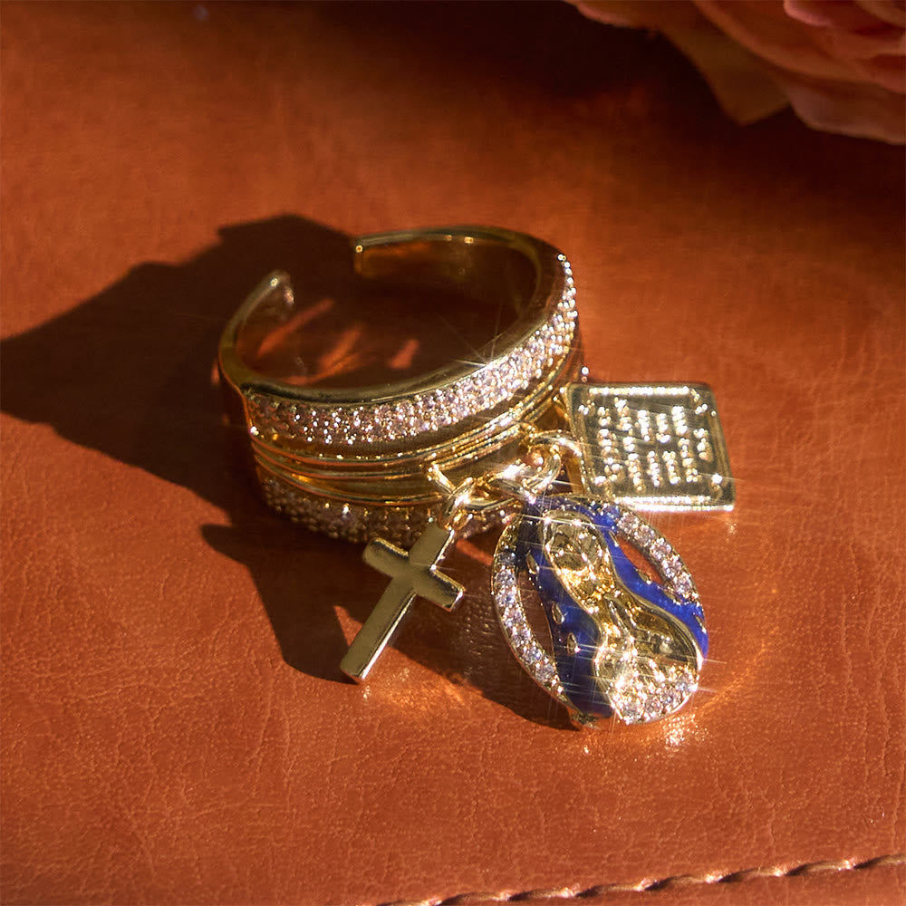 Christianartworkshop Zircon Virgin Mary Cross & Heart Charm Open Ring: A Symbol of Marian Grace and Sacred Love - Blue(Suitable for US Sizes 7-9) - image 0