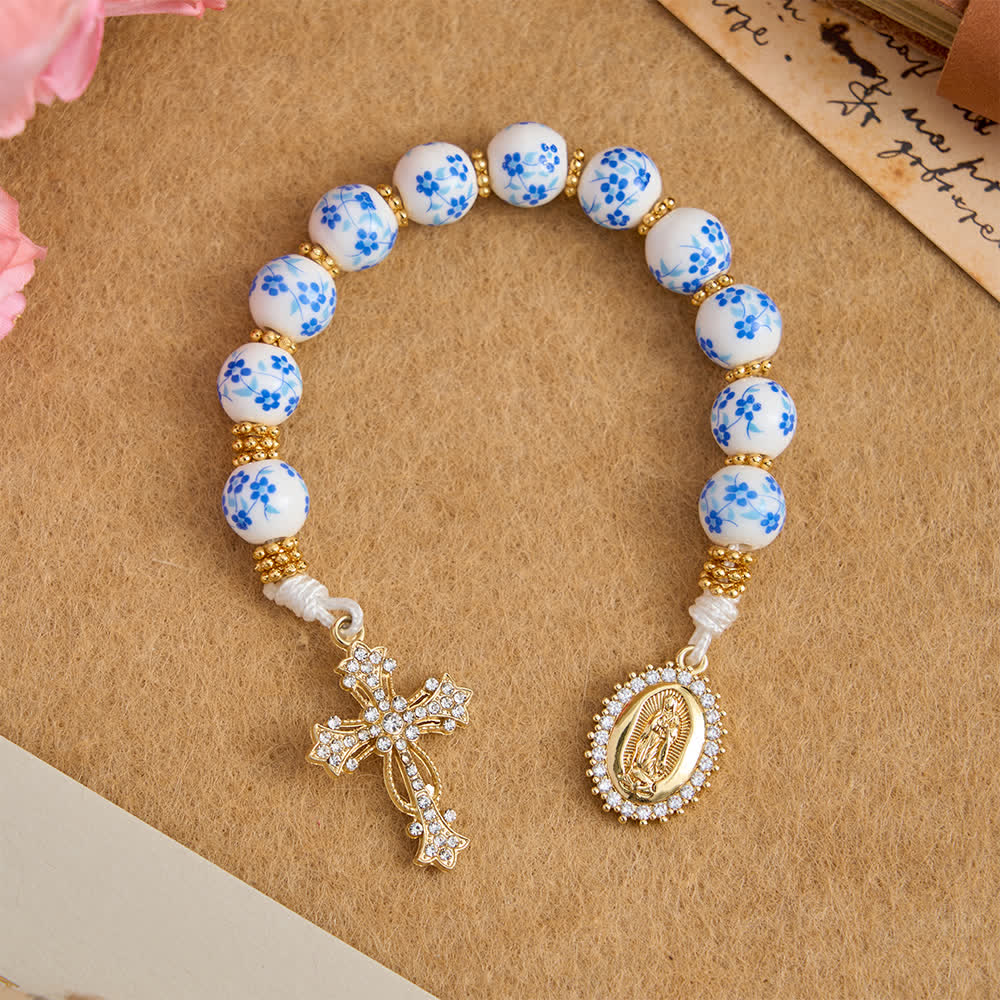 Christianartworkshop Blue Floral Porcelain Pocket Rosary with Elegant Our Lady & Cross - Our Lady & Cross - image 0