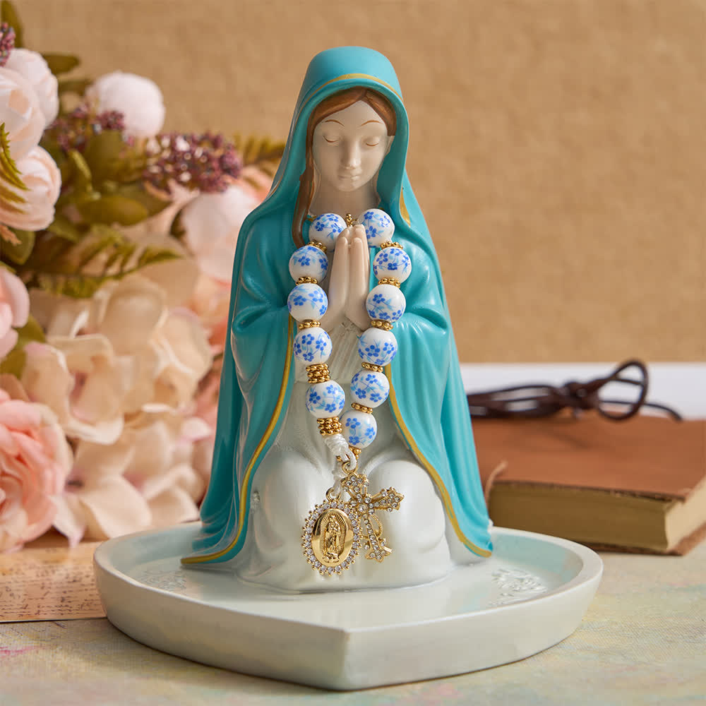 Christianartworkshop Blue Floral Porcelain Pocket Rosary with Elegant Our Lady & Cross - image 2