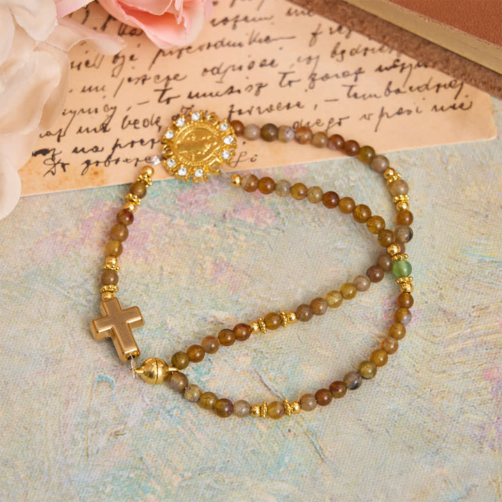Christianartworkshop Peacock Agate Magnetic Rosary Bracelet with Golden St. Benedict - image 13
