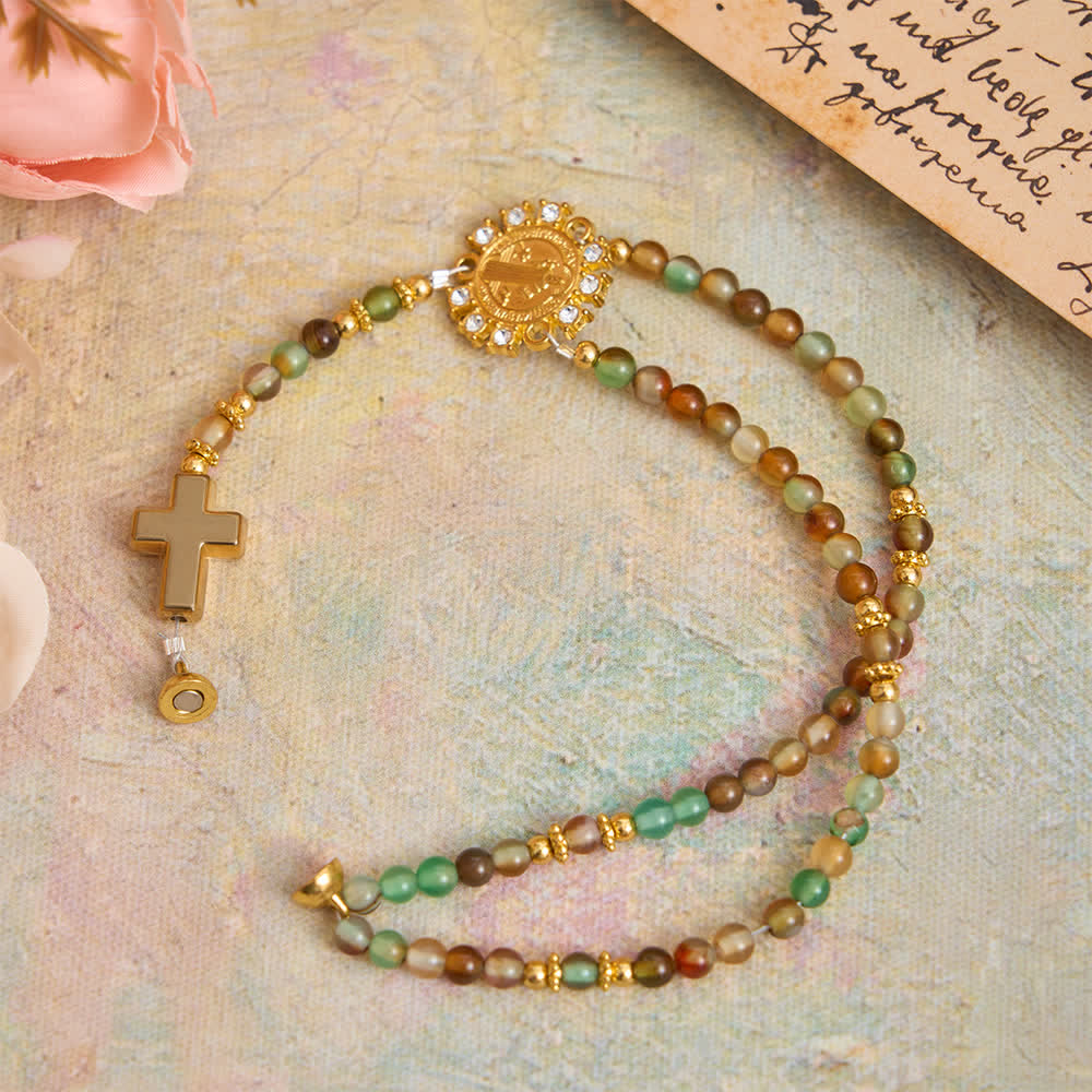 Christianartworkshop Peacock Agate Magnetic Rosary Bracelet with Golden St. Benedict - Dragon Vein Agate(Wrist Circumference: 7.48"/19cm) - image 2