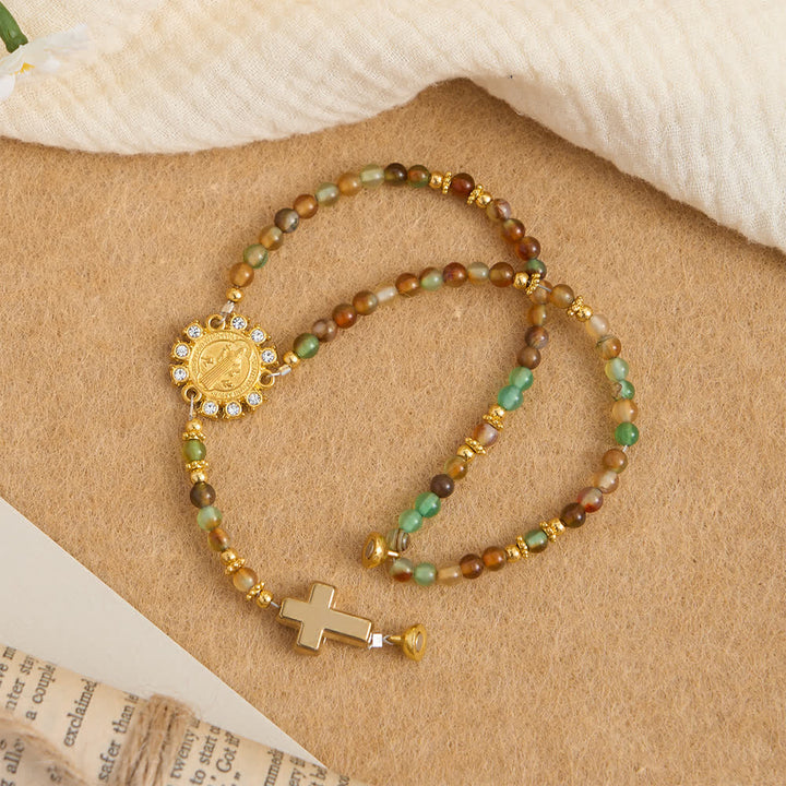 Christianartworkshop Peacock Agate Magnetic Rosary Bracelet with Golden St. Benedict - image 5