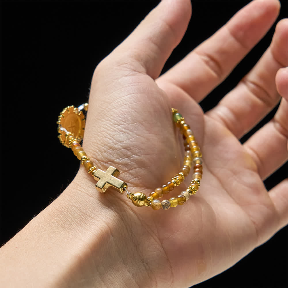 Christianartworkshop Dragon Vein Agate Magnetic Rosary Bracelet with Golden St. Benedict - image 1