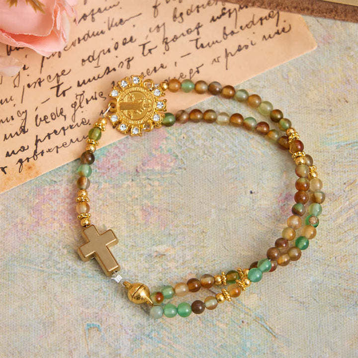 Christianartworkshop Dragon Vein Agate Magnetic Rosary Bracelet with Golden St. Benedict - image 5