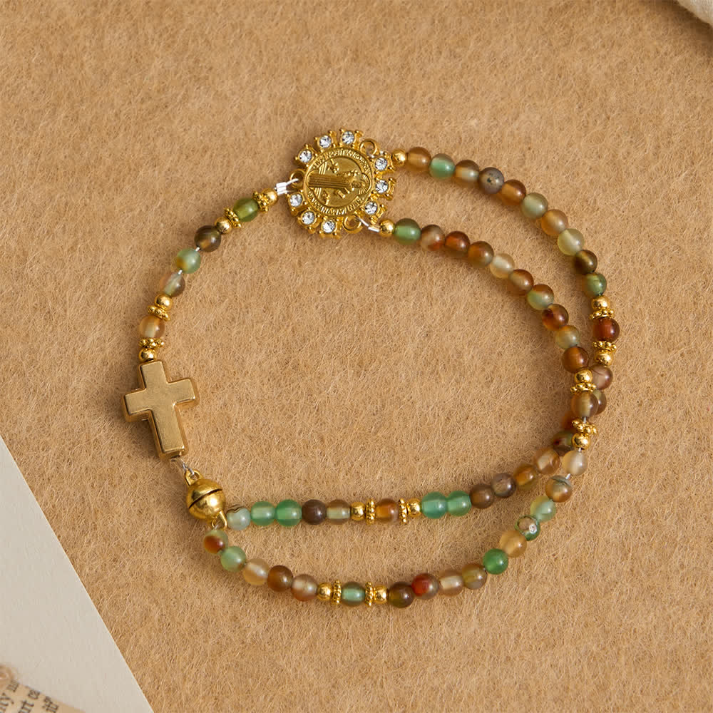 Christianartworkshop Dragon Vein Agate Magnetic Rosary Bracelet with Golden St. Benedict - image 8