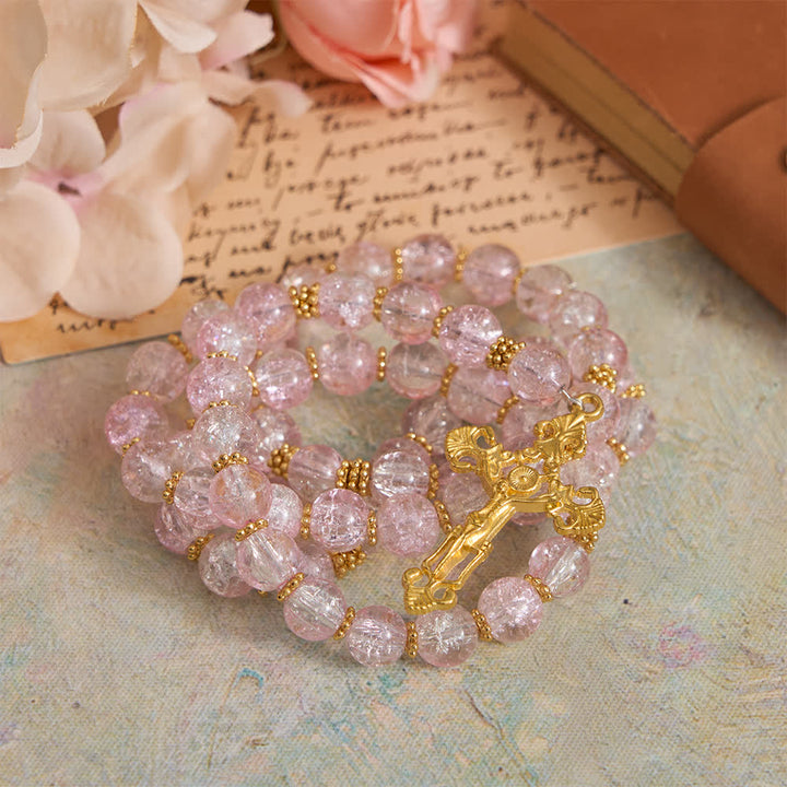 Christianartworkshop Pink & White Crackle Glass Rosary with Ornate Crucifix - image 5