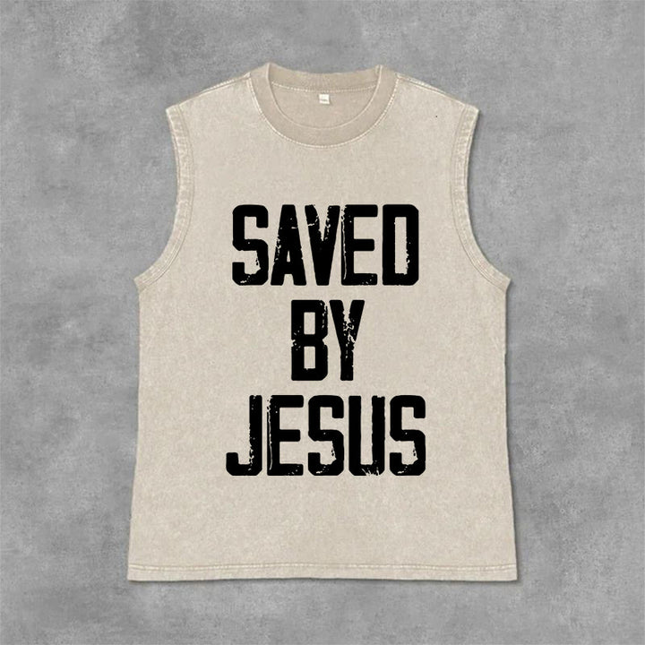 Christianartworkshop Saved By Jesus Unisex Washed Tank Top - Beige - 2XL - image 7